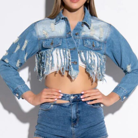 Callie Lives Miz Life Is Good: Fringe Distressed Crop Denim Jean Jacket L XL 1X - Picture 9 of 16